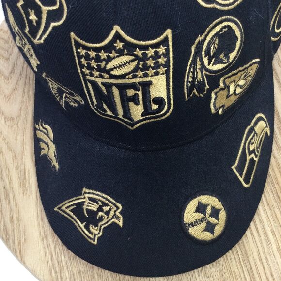 Reebok NFL All Over Team Logos Fitted Baseball Hat Black Gold Size 7 1/4 - Picture 8 of 16